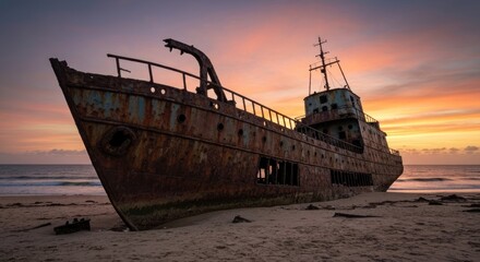 Rusty shipwreck on a sandy beach, with a dramatic sunset sky behind it