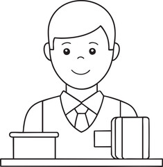 Smiling male assistant at counter illustration ready to serve customers with luggage and package