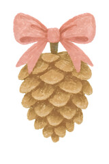 Pine cone with bow hand drawn pastel texture transparent PNG for Christmas cards tags stickers wreath accents and rustic winter branding