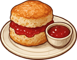 A fresh baked scone pastry split in half with strawberry jam filling served on a plate with an extra side of dipping sauce