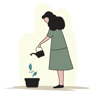 vector illustration of a woman watering plants