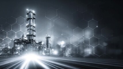 Industrial nighttime view of a plant with digital technology overlay data visualization - Powered by Adobe