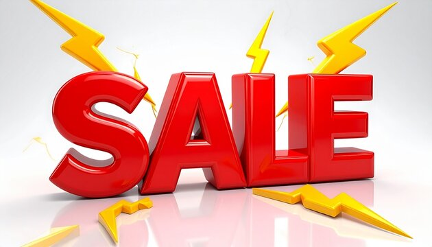 3D Red Sale Text with Lightning Bolts on White Background