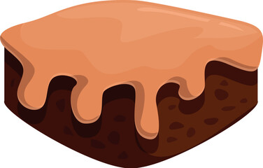 Square brownie cake covered with dripping caramel cream topping on white background