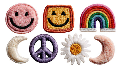 Colorful Embroidered Patches Featuring Smiley Faces, Rainbows, Flowers, and Symbols