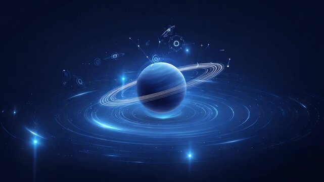 Digitally generated animation of the planet saturn with rings and celestial objects in space
