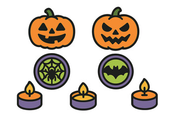Spooky Halloween symbols set featuring carved pumpkins, flying bat, spider web, and burning candles