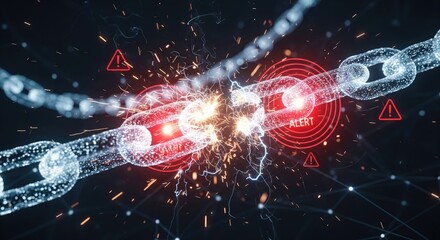 Digital chain breaking with glowing nodes and warning signals in a futuristic setting.