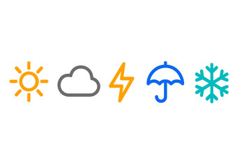 Obraz premium Colorful set of weather forecast symbols including sun cloud lightning umbrella and snowflake
