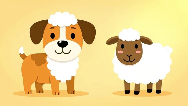 Adorable Cartoon Dog and Sheep Illustration on a Warm Background.