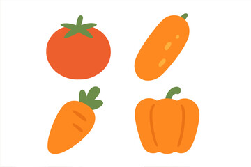 Four stylized fresh vegetables: tomato, carrot, squash, and bell pepper set on white