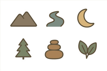 Obraz premium Minimalist nature and outdoor adventure elements including mountains river moon tree stones and leaves