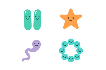Cute cartoon microbes and marine life characters with smiling faces on white background