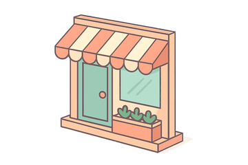 Isometric view of a small business storefront with striped awning and window display in pastel colors
