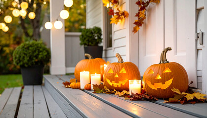 Obraz premium Background with halloween pumpkins, candles and autumn leaves on the wooden house porch