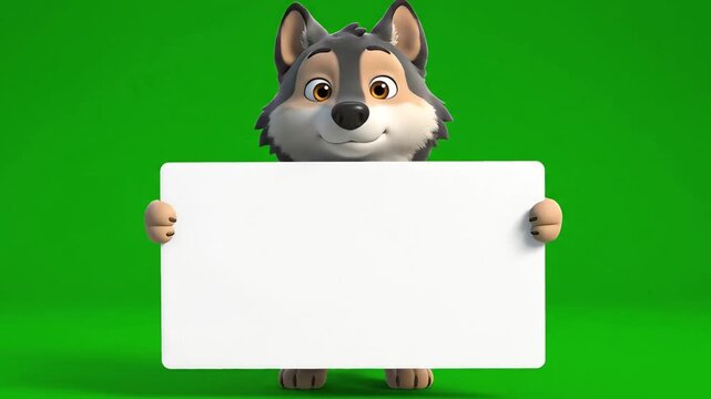 Adorable Cartoon Wolf Character Holding Blank White Sign on Green Screen Background.