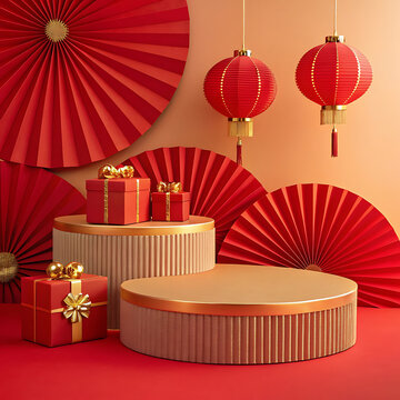 Festive red and gold chinese new year decorations with gift boxes and lanterns