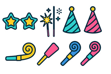 Colorful collection of party celebration accessories including hats, noisemakers, and sparklers