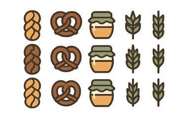 Collection of outlined icons featuring braided bread, pretzels, honey jars, and wheat stalks