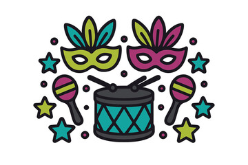 Colorful carnival celebration elements with masquerade masks, drum, and maracas