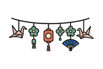 Traditional Asian decorations hanging banner with origami cranes lantern and fan