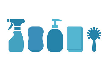 Essential household cleaning supplies and equipment set including spray bottle and sponge