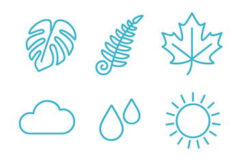 Minimalist outline icons set of natural elements including leaves, weather symbols, and water drops