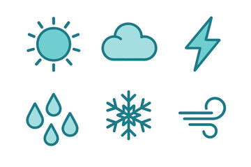Fototapeta premium Minimalist set of six essential weather condition icons featuring sun, cloud, lightning, rain, snow, and wind symbols