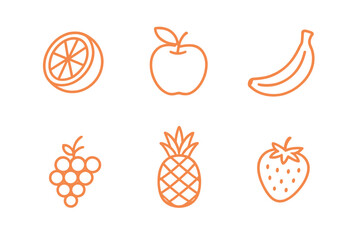 Minimalist set of orange line icons depicting various healthy fresh fruits and berries