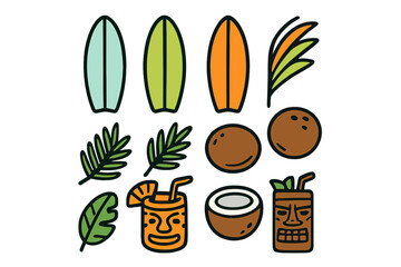 Tropical summer vacation elements set including surfboards, coconuts, and exotic drinks