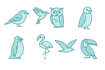 Minimalist collection of eight different bird species symbols including tropical and common wildlife © icon_art