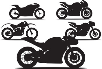 Obraz premium Five black silhouette motorcycle illustrations on white background motorbike sportbike