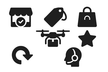 E-commerce and delivery service icons set with drone, shopping bag, price tag, and customer support symbols