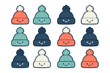 Twelve cute smiling winter knit hats with pom poms in various colors