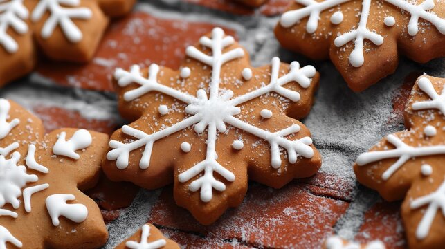 Delicious snowflake shaped gingerbread cookies with white icing on brick background