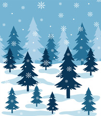 Vector illustration of snow-covered pine trees in blue tones with falling snowflakes. Symbolizes holiday magic and serenity. Suitable for Christmas cards, posters, and branding. High quality, scalable