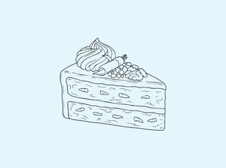 Decorated carrot cake slice outline, black line dessert art for branding or menu design
