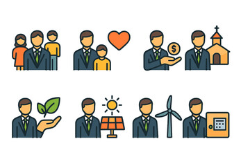 Set of Eight Flat Vector Icons with Stylized Person and Symbolic Elements