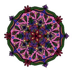 A beautiful and highly detailed mandala illustration in black and white. This intricate design features a symmetrical floral pattern with delicate petals, swirls, and decorative elements. 