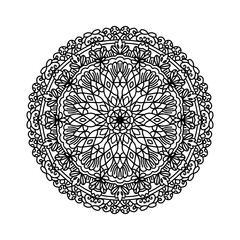 A beautiful and highly detailed mandala illustration in black and white. This intricate design features a symmetrical floral pattern with delicate petals, swirls, and decorative elements. 