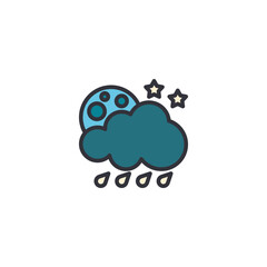 Vector icon of a cloud producing light rain with stars, conveying nighttime precipitation, ideal for dark-mode forecast apps, climate visuals, and weather alerts.