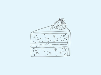 Outline drawing of a carrot cake slice with frosting, isolated on white, perfect for menus or recipes
