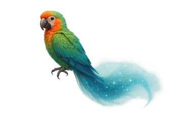 Obraz premium Colorful parrot with glowing magical trail and sparkling fairy dust, creating a fantasy magic concept, transparent background