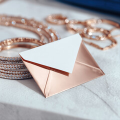 Luxury, high-end romantic Rose pink gold envelope with white blank letter sticking out, lying on velvet white desk with diamond bracelets, gold necklaces for  jewelry campaign, valentine day