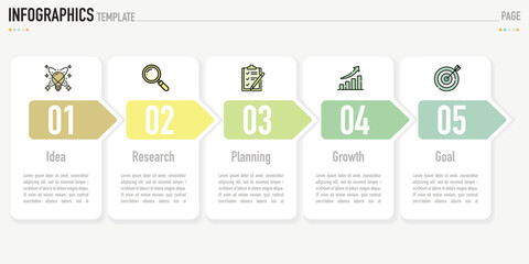 Rectangular infographic template or element with 5 step, process, option, colorful rectangle, icons, triangle, paper origami, button, tag, circle, circular, square bar for sale slide, internet planner