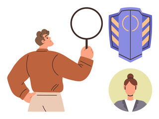 Man examines with magnifying glass next to a shield icon and female avatar. Ideal for analysis, security, identity verification, investigation, protection, recruitment, and data accuracy themes