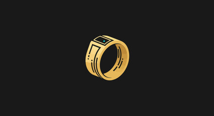 A golden ring with a black rectangular top, with a blue dot, against a black background
