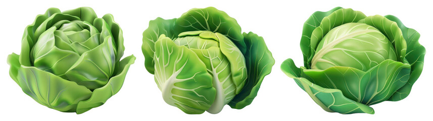 PNG Three fresh green cabbages aligned, element set on transparent background