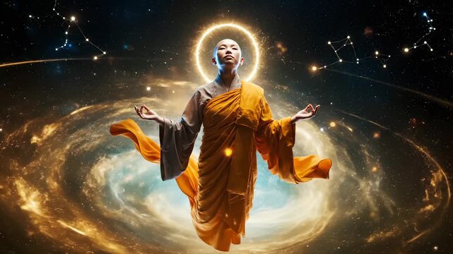 figure in robe levitation above galaxy vortex. halo and light encircle figure. meditation pose floats within orbit near star cluster. energy radiates through cosmic aura and nebula. saffron robe.