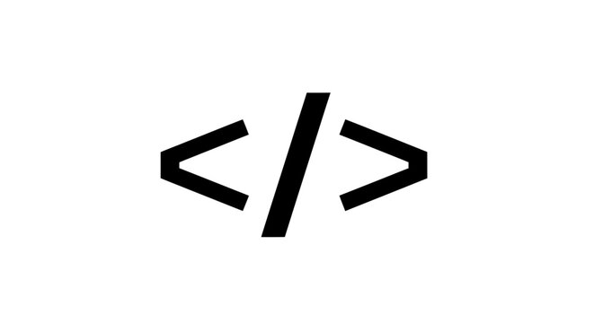 A black stylized coding symbol on a white background, representing code brackets